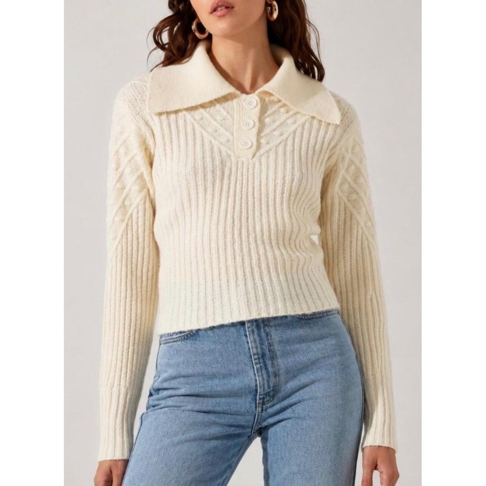 ASTR The Label Button Polo Sweater Women's Size Small Cream Luxury Soft Cozy